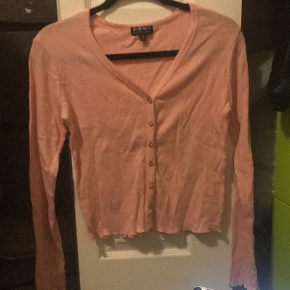 Salmon pink, button down, long sleeve shirt